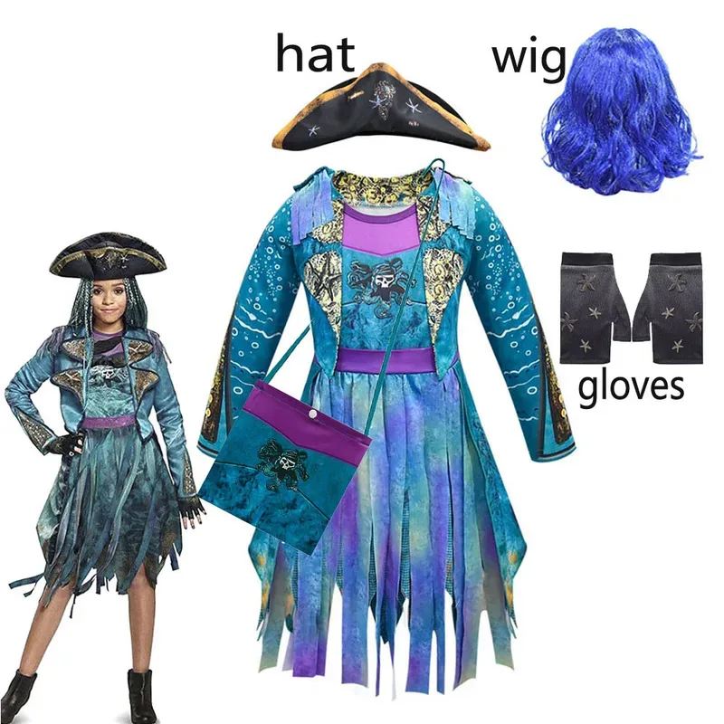 

Kids Movie D-Descendants 3 Mal Evil Pirates Uma Cosplay Costume for Girls Cosplay Dress Hat Wig Fancy Dress Up Halloween Costume