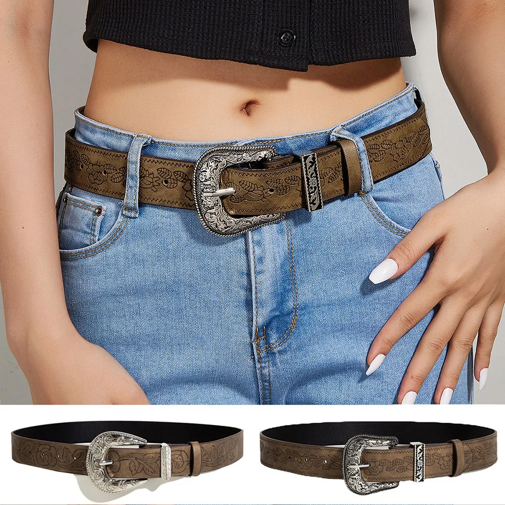 Vintage Western Carved Pin Buckle Women Belt Punk Black Brown PU Leather Width Belt Female Jeans Straps Ladies Dresses Waistband