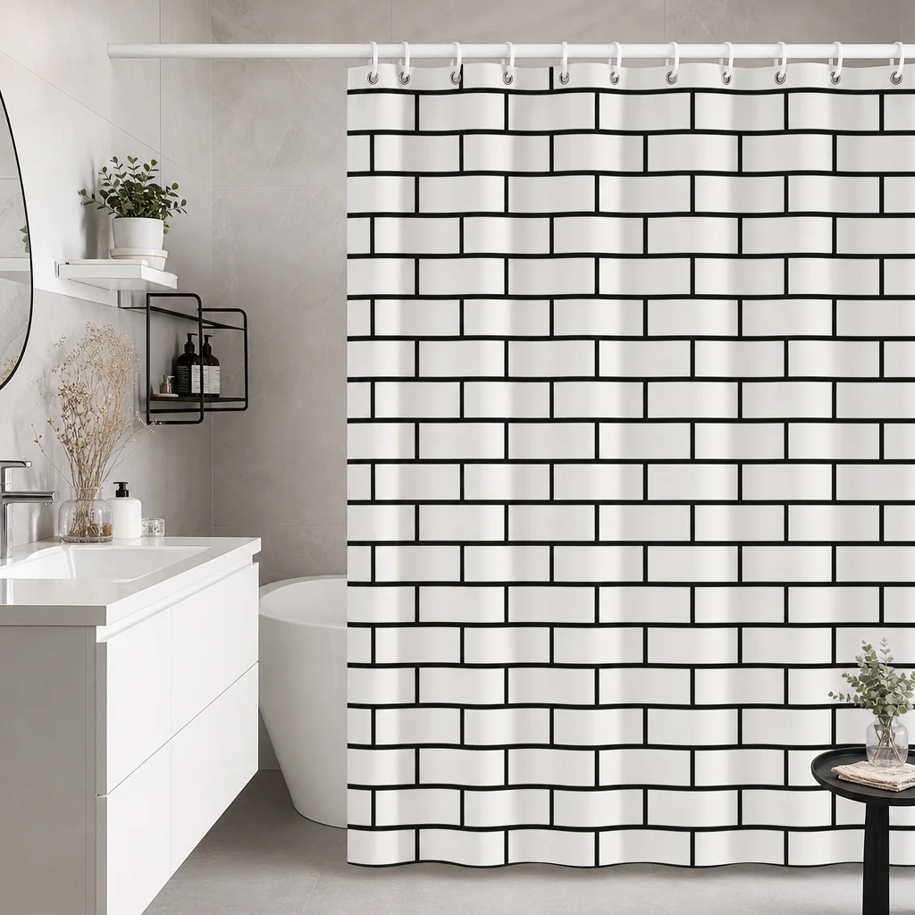 

Black White Brick Shower Curtain Subway Tile Pattern Waterproof Fabric Modern Bathroom Decor Curtains with 12Hooks 180x180cm