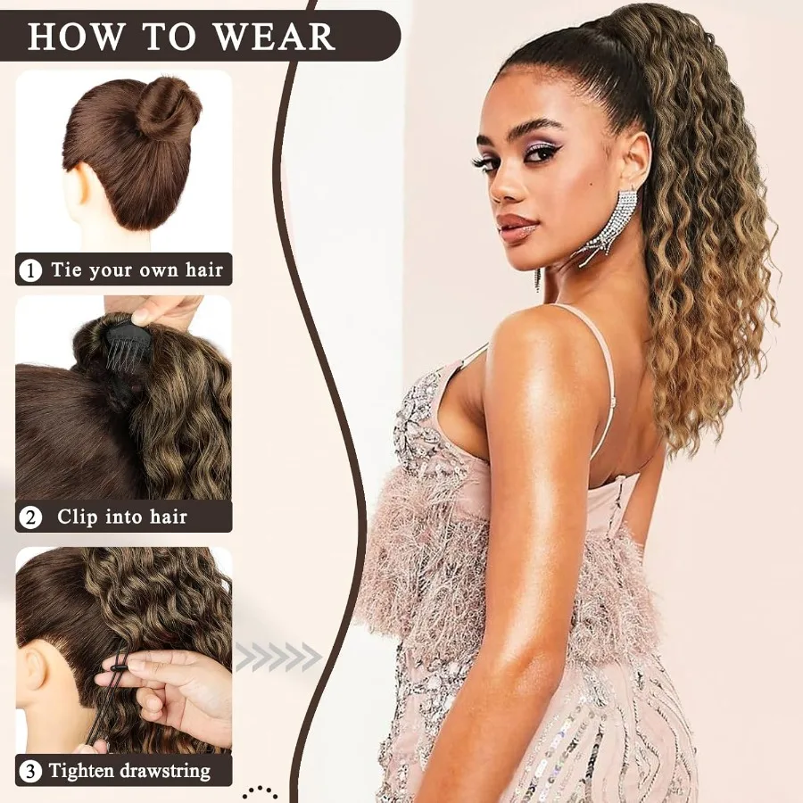 Estensione coda di cavallo sintetica ondulata lunga riccia da 16 pollici con coulisse per donne nere Estensione dei capelli versatile e facile da usare per