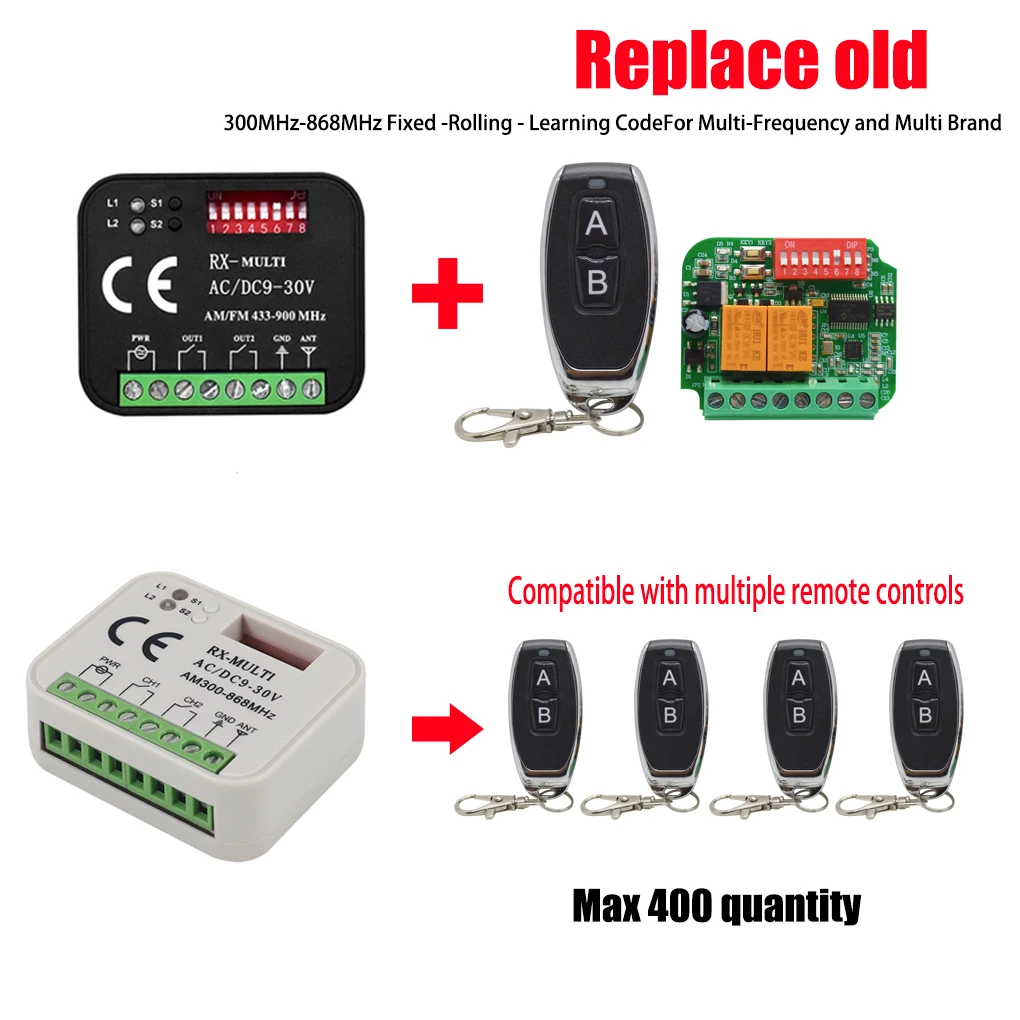 AC/DC 9V-30V  Controle remoto rx multi receptor, 300mhz-868mhz, para sony, Hormann, Marantec, Berner, maleao, pujol, forsa, jcm,