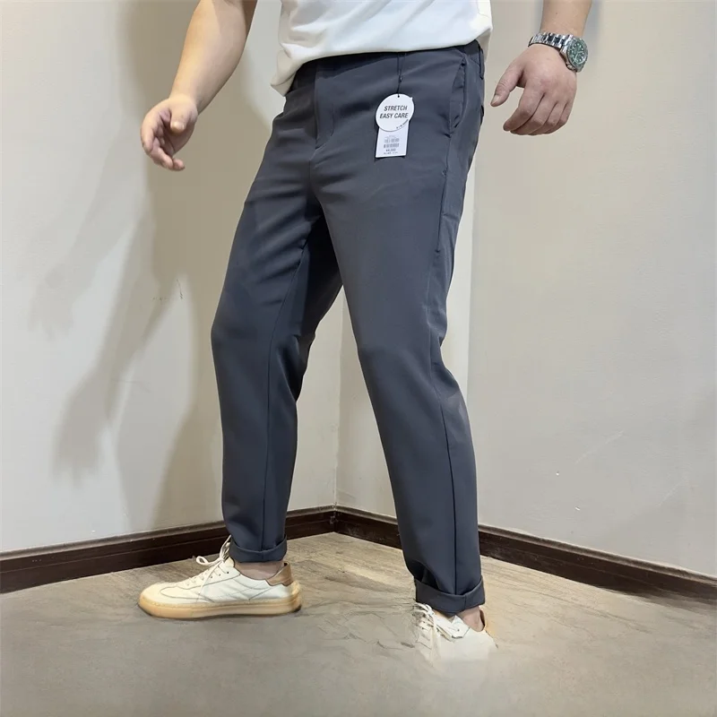 

Spring Summer New Loose Elastic Waist Thin Men's Casual Pants Nine Points Casual Trousers Youth Active Sle Pure Color