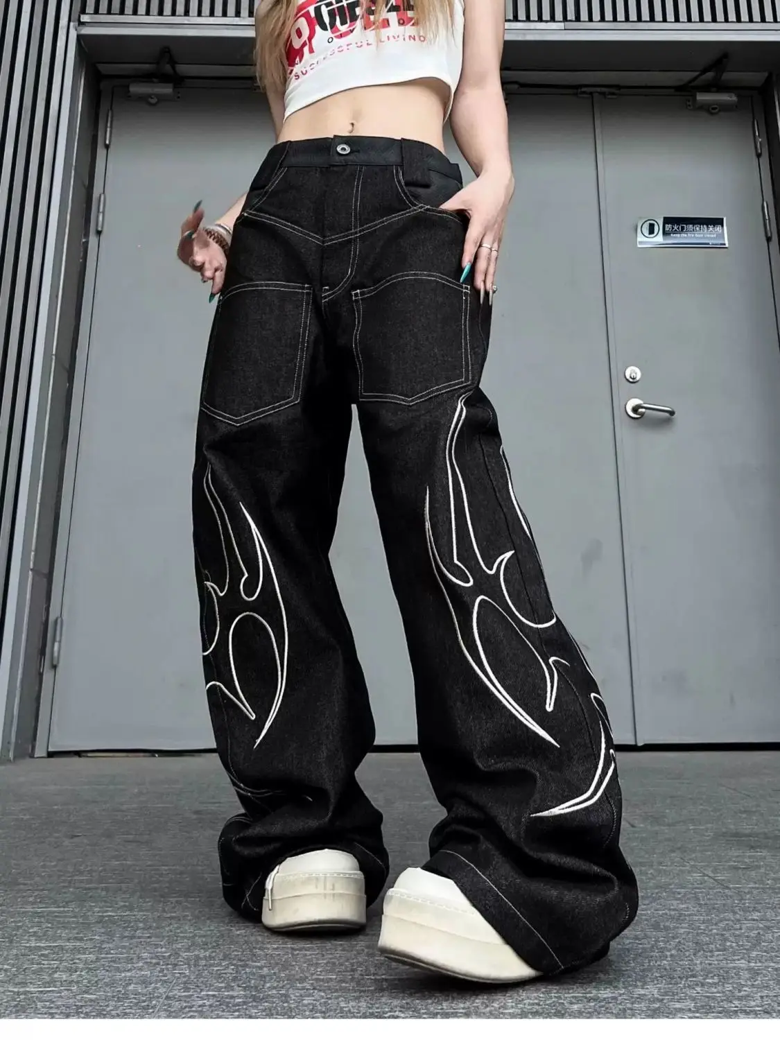 Women's Totem Print Pattern Street Wide Leg Jeans Cool Girl Bottoms Casual Denim Pants Female High Waist Unisex Baggy Trousers