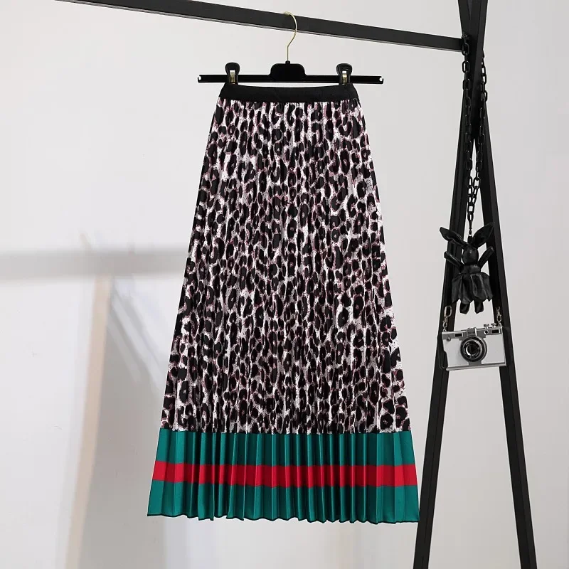 

Leopard Print Pleated Skirt for Women Summer High Waist Midi Skirt Large Swing Causal Party