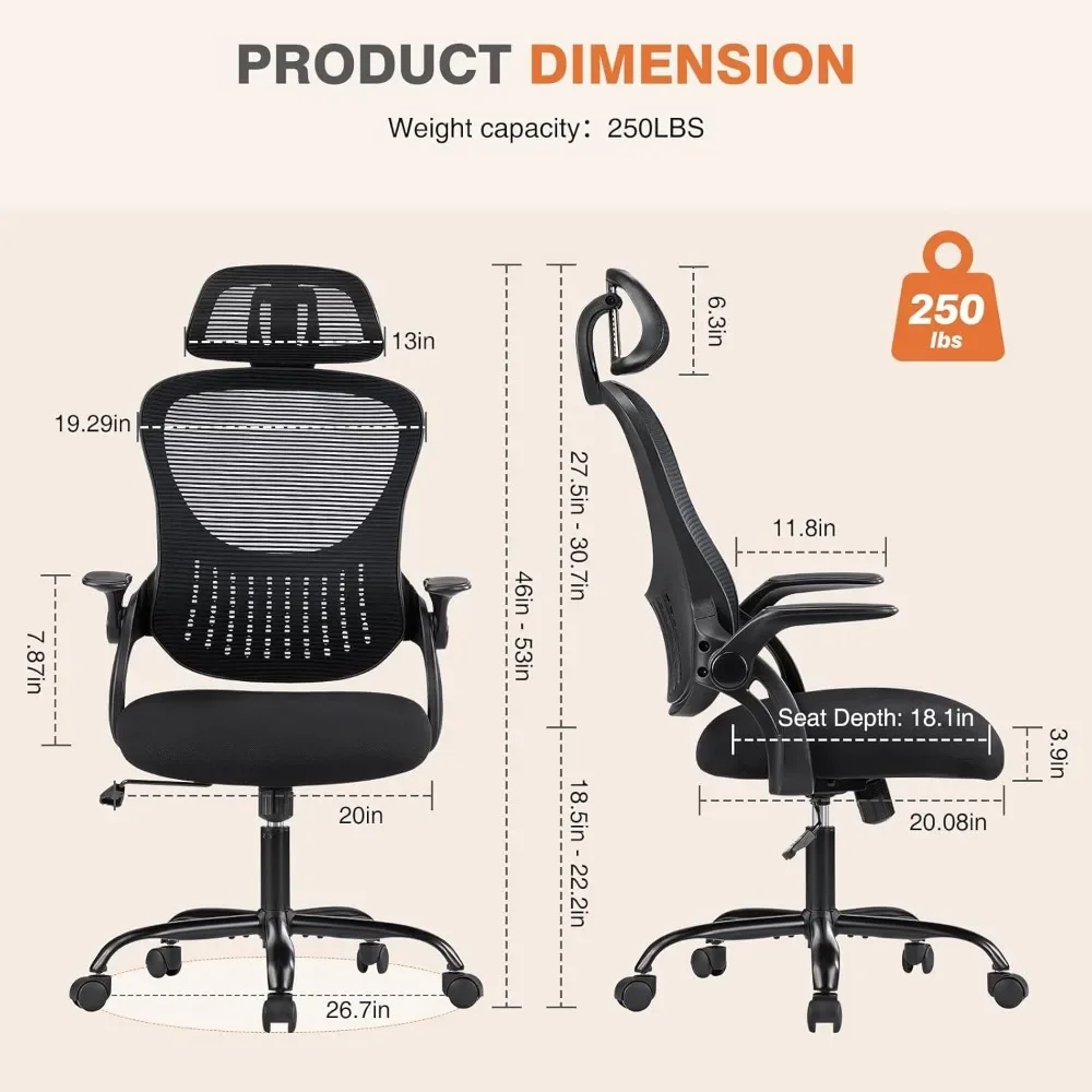 Sillas de oficina de diseño ergonómico, asiento de trabajo rodante de malla de respaldo alto con ruedas y reposacabezas ajustables, 20. 08dx20wx53h