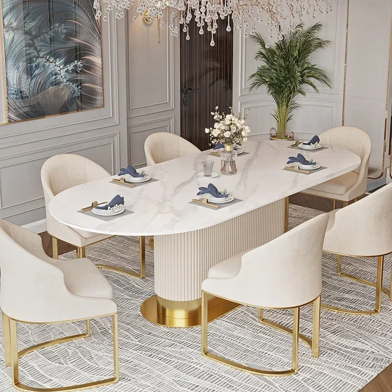 New 2024 Luxury Modern Simple Glossy Rock Plate Dining Table And Chairs Set Oval Household Small French Cream Wind Dining Table