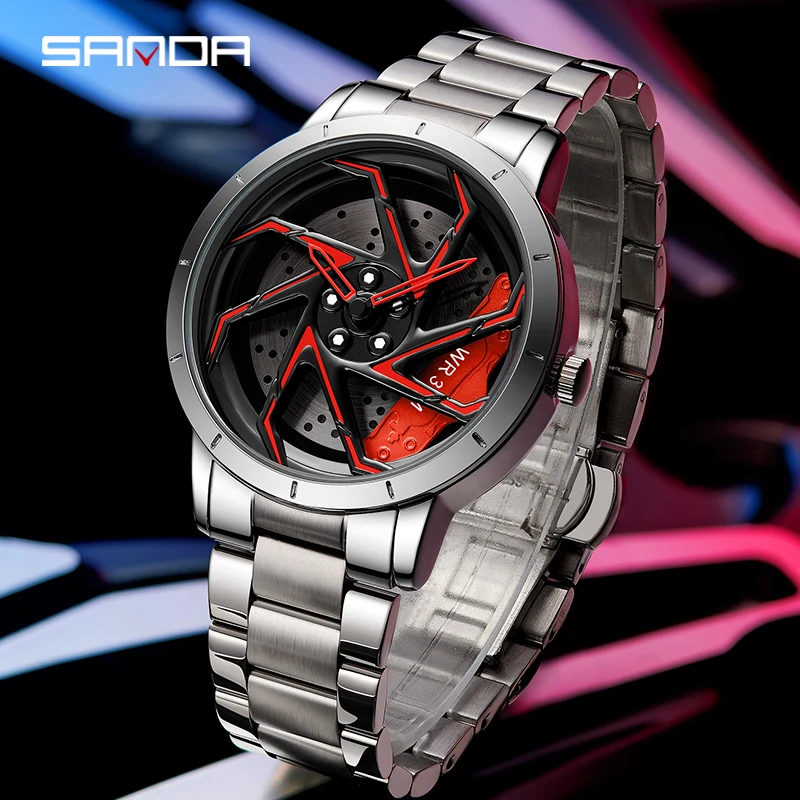 SANDA P1088 Men Fashion Wristwatch 360 Degree Rotating Wheel Car Rim Dial Watches Stainless Steel Waterproof Sport Quartz Clock