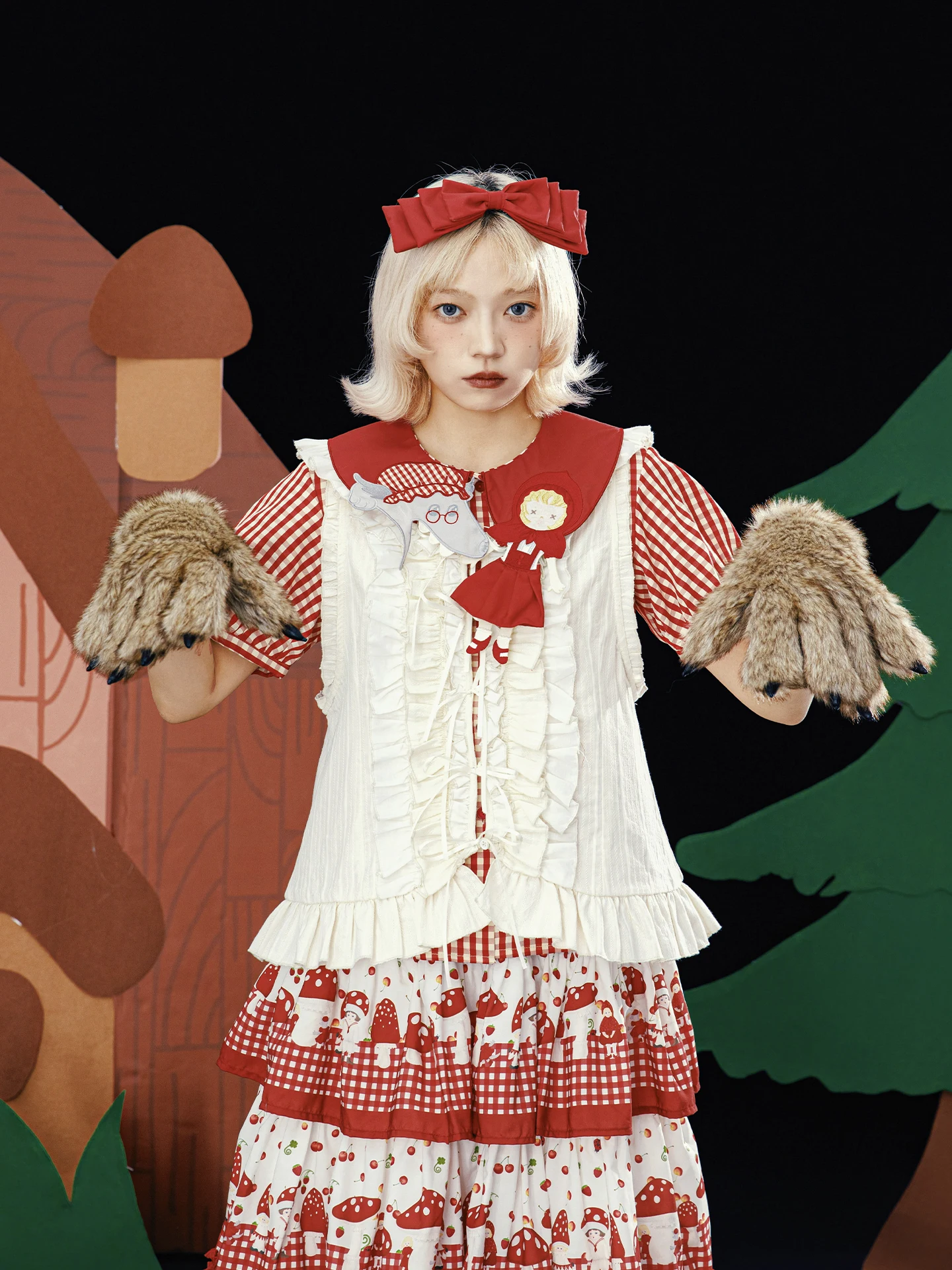 

Meugler Island Fairy T Theater Red Riding Hood Multi-layer adient Pleated Embroidered Flower Veil Vest Sweet Sle Cotto...