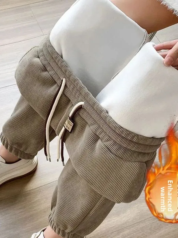 

Женские спортивные брюки из вельвета с начесом, свободного кроя, на флисовой подкладке, осенне-зимние, маленькие размеры, повседневные, с завязками