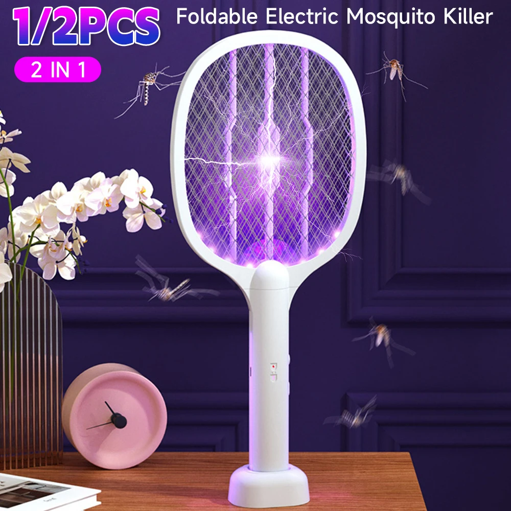 

1/2PCS 2 in 1 Electric Mosquito Swatter Mosquito Killer Lamp 3000V Fly Swatter Repellent Lamp Zapper Insects Racket for Home B