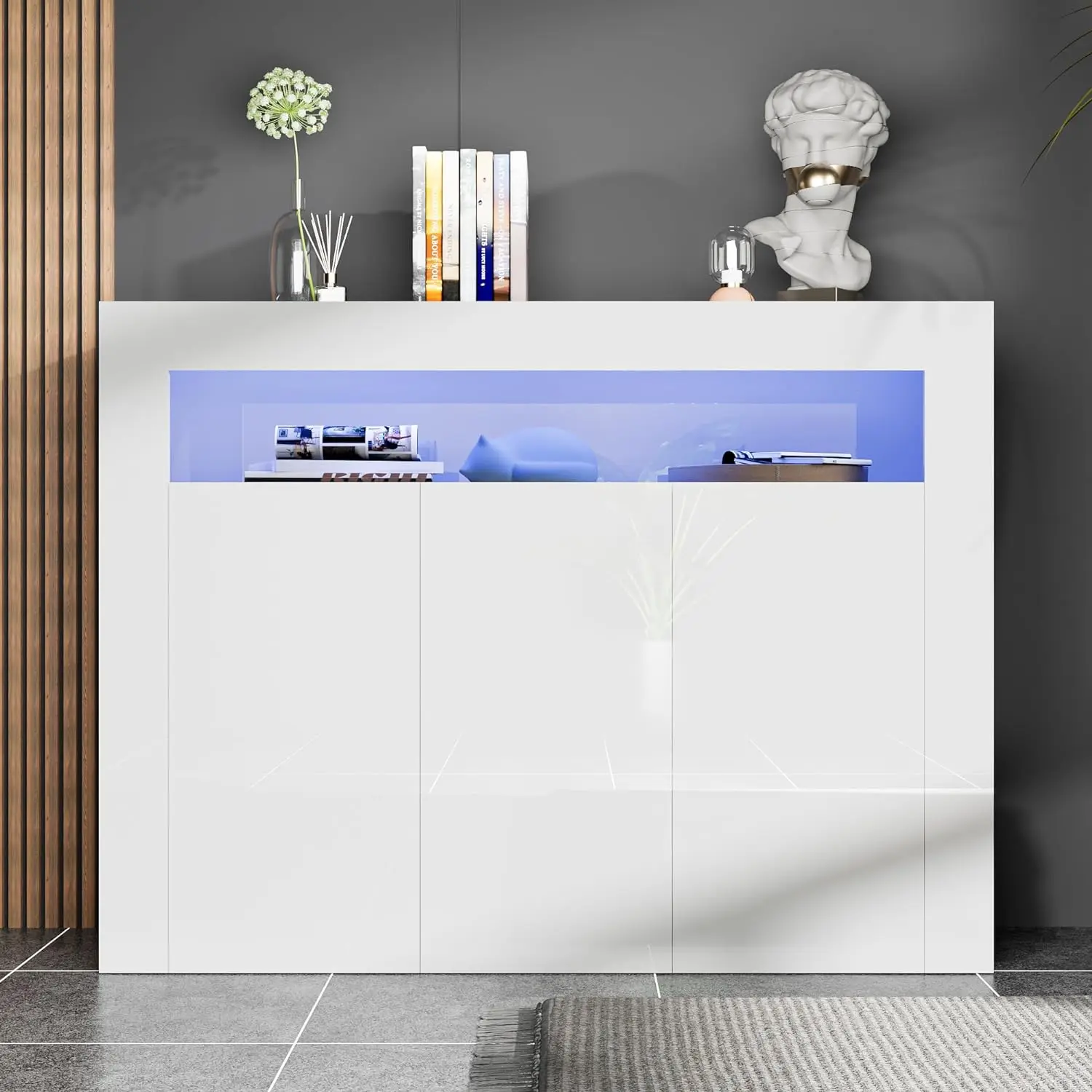 Modern White Buffet Cabinet with LED Lights, High Glossy Sideboard Storage Cabinet with 3 Doors and Adjustable Shelf