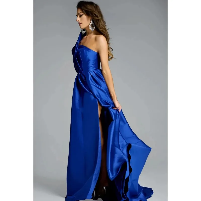 ชุดราตรีผ้าซาตินสีน้ำเงินสำหรับผู้หญิง ดีไซน์หรูหราแบบไหล่เดียว ทรงเอไลน์ เหมาะสำหรับงานพิธีการ ชุดราตรีเซ็กซี่ผ่าข้าง จับจีบแบบบอลกาวน์ สามารถสั่งตัดได้