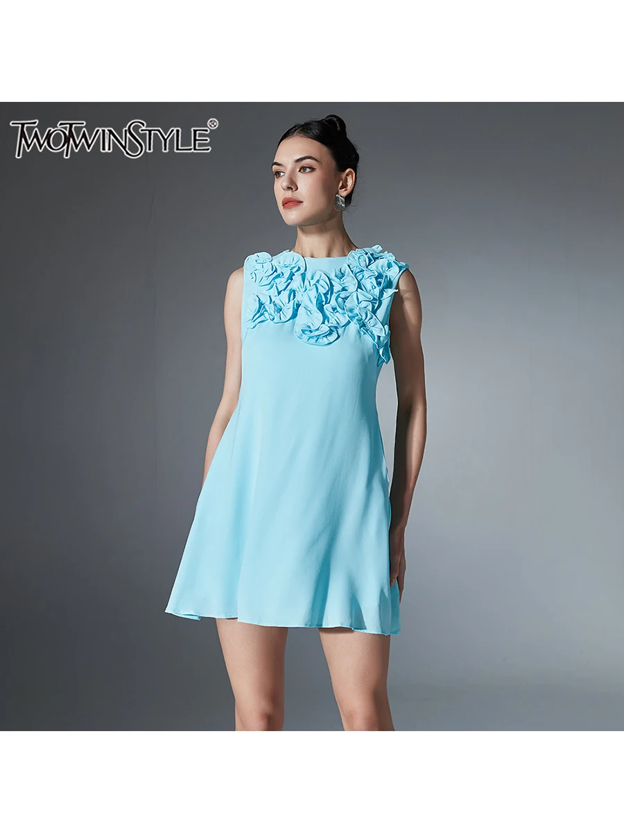 TWOTWINSTYLE Solid Spliced Appliques Slim Dresses For Women Round Neck Sleeveless High Waist Temperament Mini Dress Female New