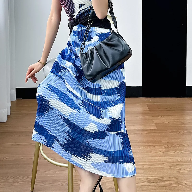 Miyake Pleated Tie-dye Printed High-waisted Straight Skirt for Women 2023 Summer New Korean Style Fashion Casual Designer Skirt