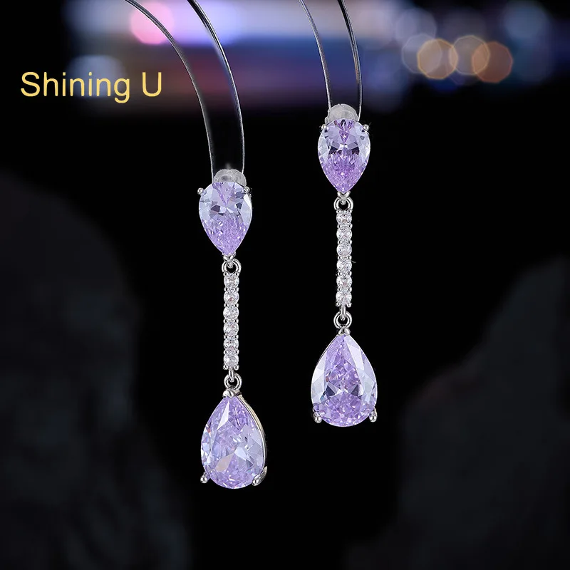 

Shining U Purple Pink Pear Zircon Gems Drop Earrings for Women Fashion Jewelry Summer