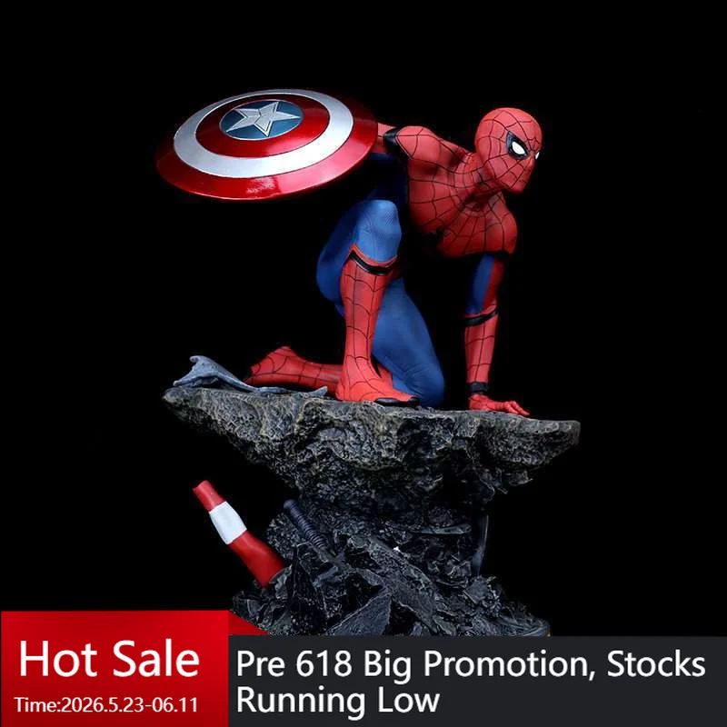 

Marvel Avengers Spider-Man Statue Civil War Version With Captain America Shield Painted Figurine Desktop Decoration Home Ornamen