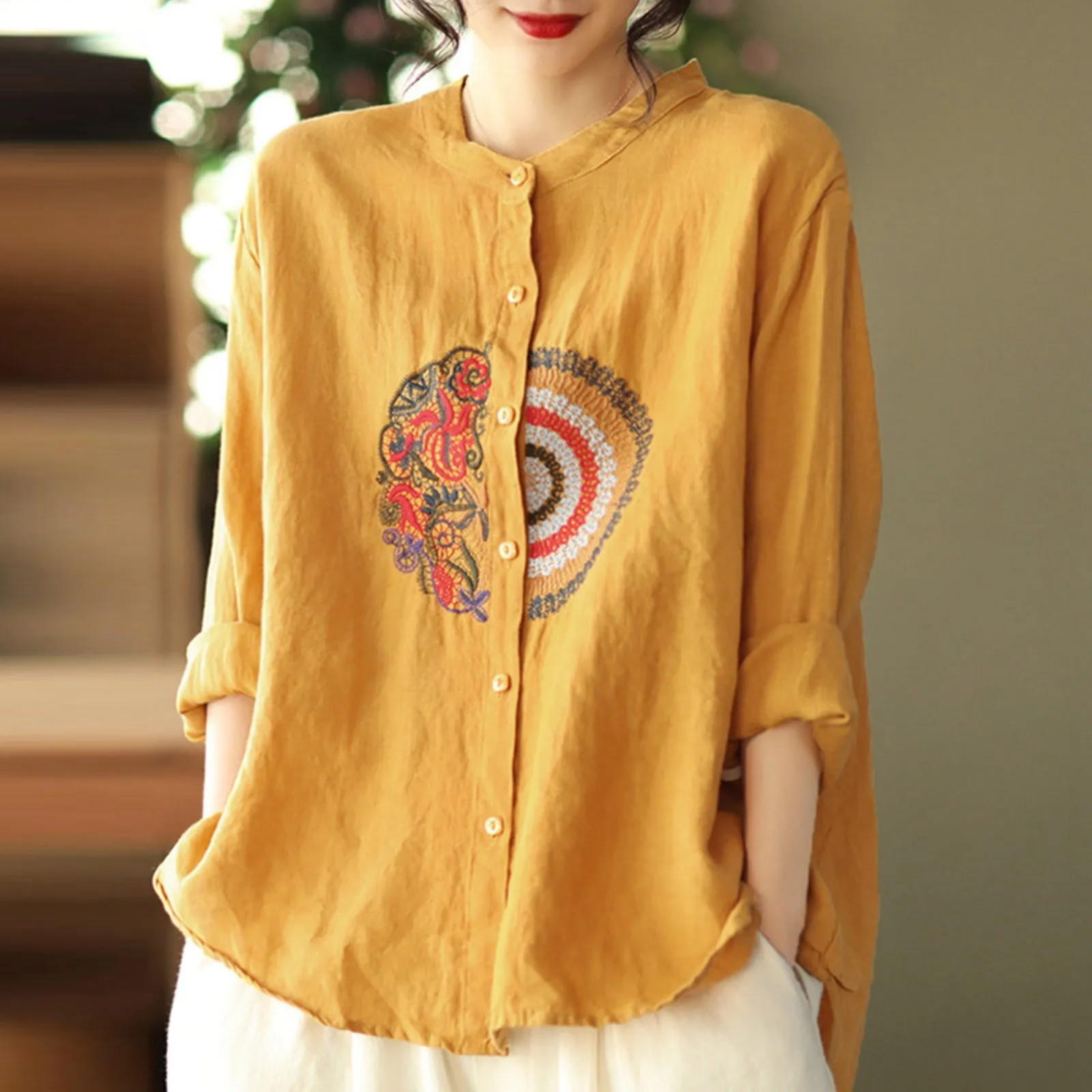 

Ladies' Casual Literary And Artistic Cotton And Linen Long Sleeve Shirt Loose Embroidery plus Size Button down Shirt Women