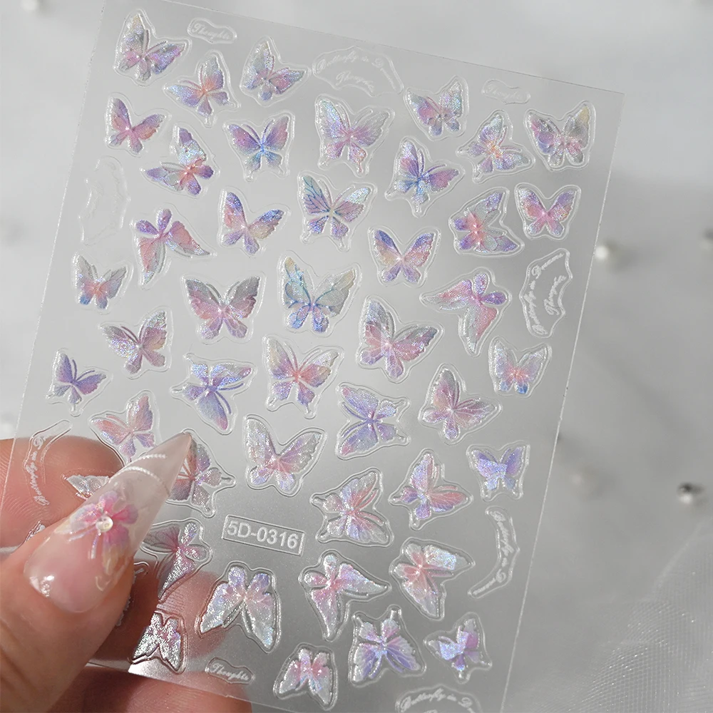 1Pc Pink Purple Aurora Shell Butterfly Nail Sticker 5D Embossed Shell Light Butterfly Adhesive Decals DIY Laser Manicure Sliders