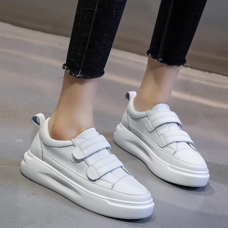 CXJYWMJL Genuine Leather Women Platform Sneakers Hook & Loop Sports Little White Shoes Ladies Thick Soled Vulcanized Shoes Flats