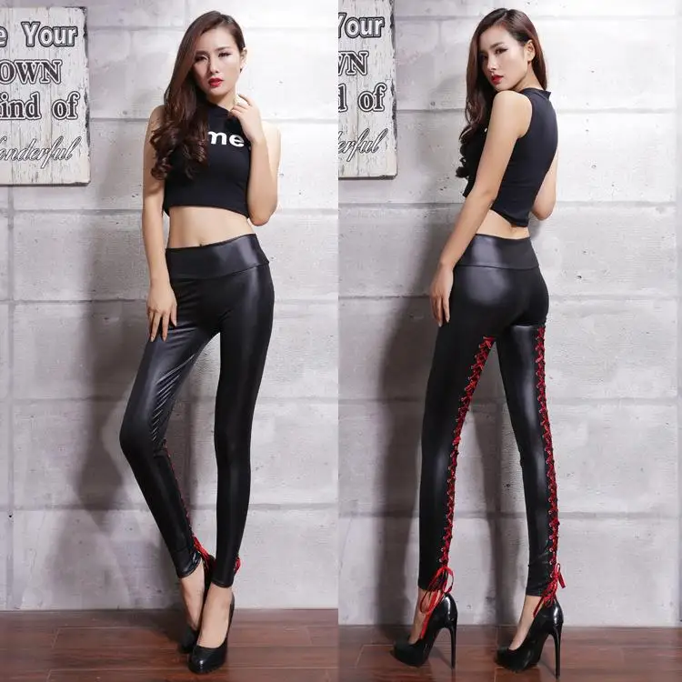 High Waisted Back Strap Imitation Leather Leggings Women's Fashion Bottoming Trousers Pure Color Other Material 100%