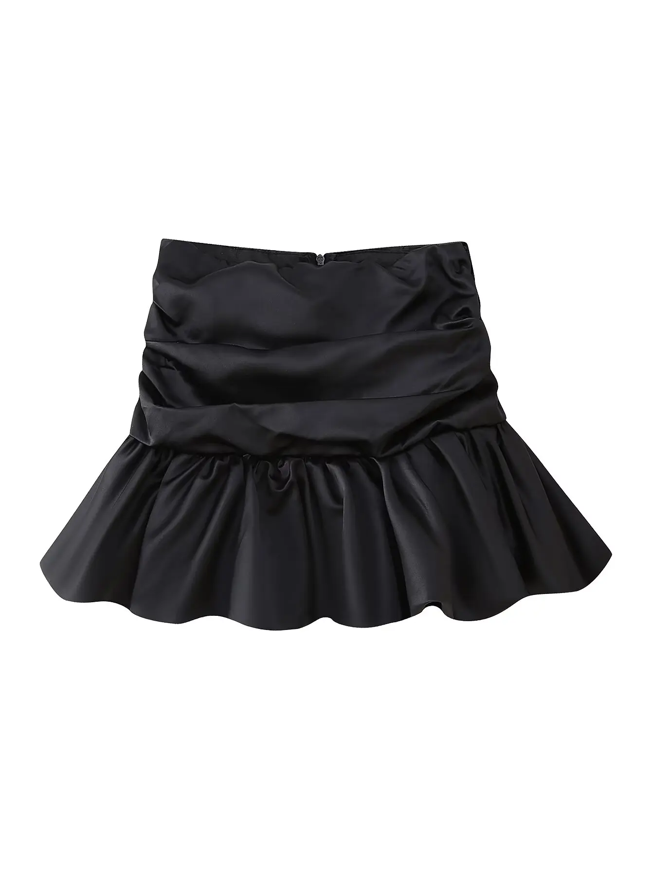 

TRAFZA Women Chic Bud Satin Tutu Decorated Slim Mini Skirt Summer Women High Waist Back Zipper Pleated Short Skirt Streetwear