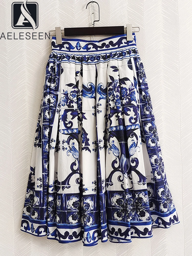 

AELESEEN 2022 Women 100% Cotton Skirt Runway Fashion Sicilian Porcelian Printed Blue White Flower Elegant Long Party Holiday