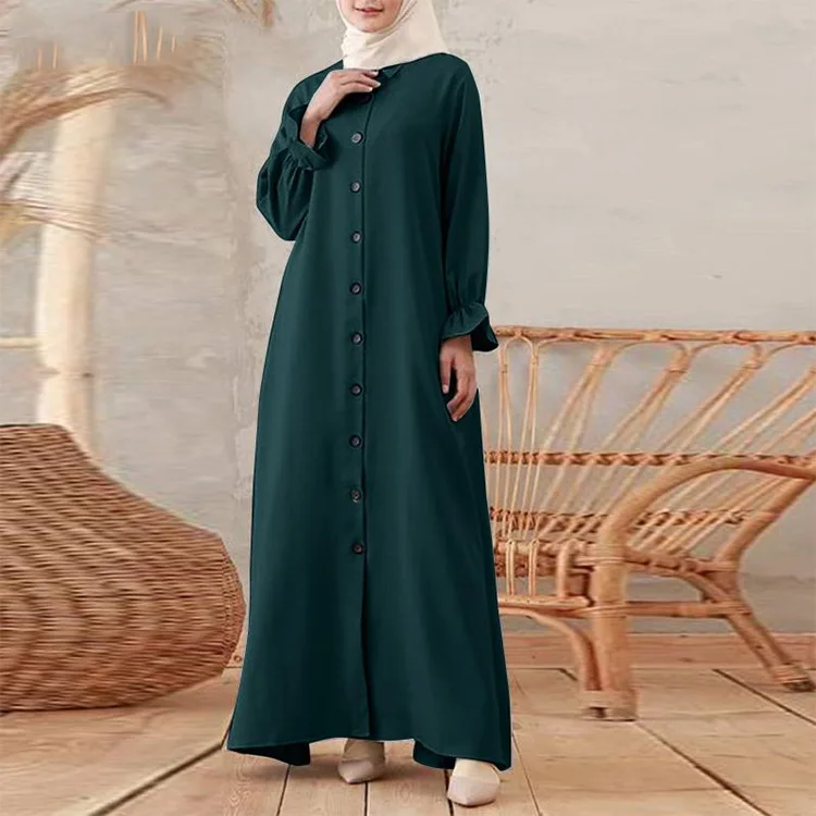 Muslim Fashion Abaya Vintage Button Cardigan Solid Color Elegant Round Neck Swing Dress Muslim Ladies Wear Dresses