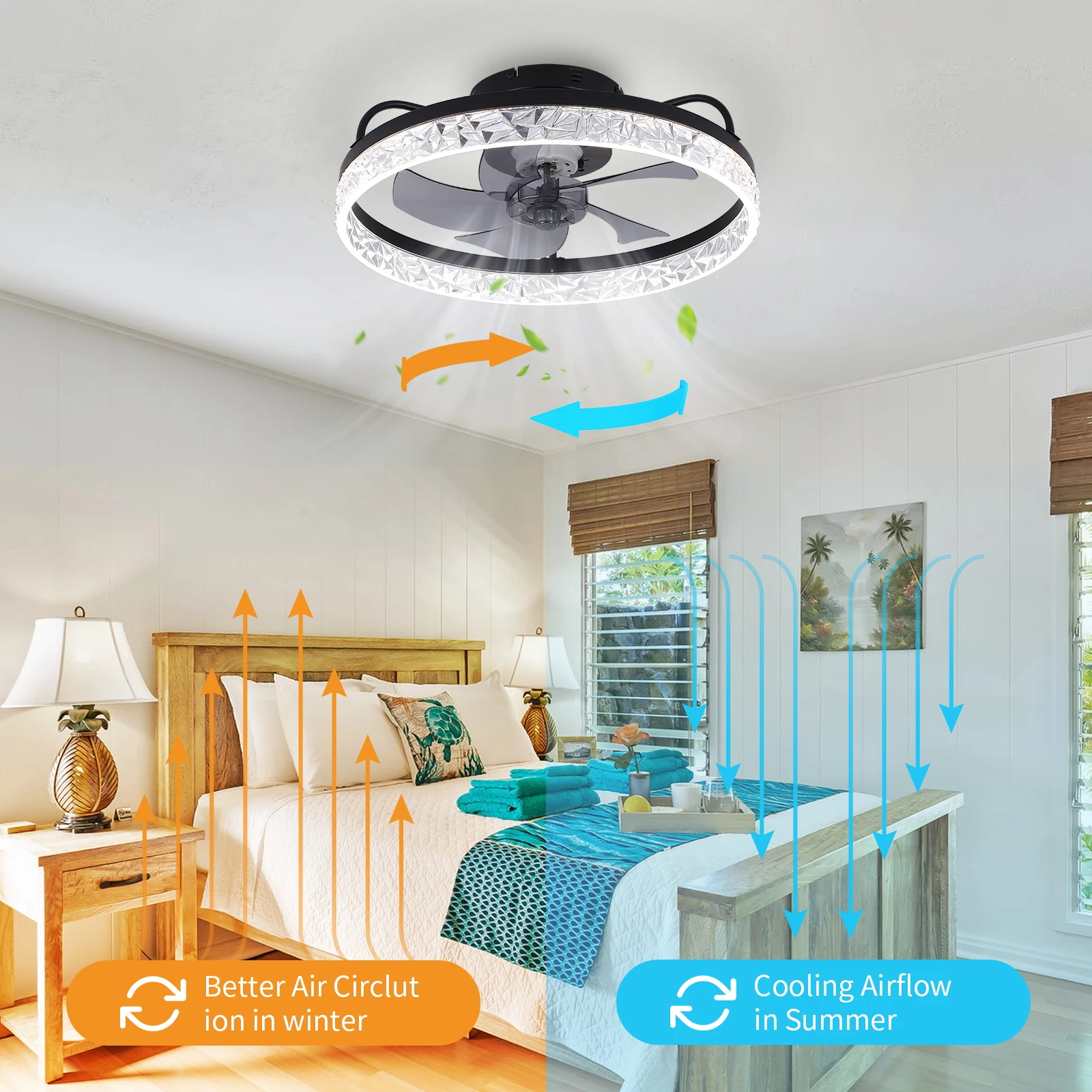 Diamond Cut Acrylic Fan Lamp Dual Color Infinite Dimming Remote Control with Memory Function Black Transparent ABS Fan Light