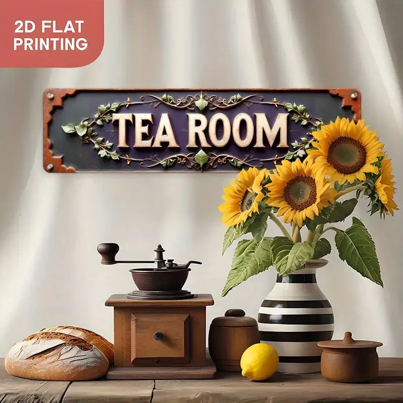 لافتة حائط معدنية مسطحة ثنائية الأبعاد لغرفة الشاي العتيقة - ديكور متجر الشاي مع أوراق مزخرفة وحواف كرمة - حروف شاي بني داكن وذهبي
