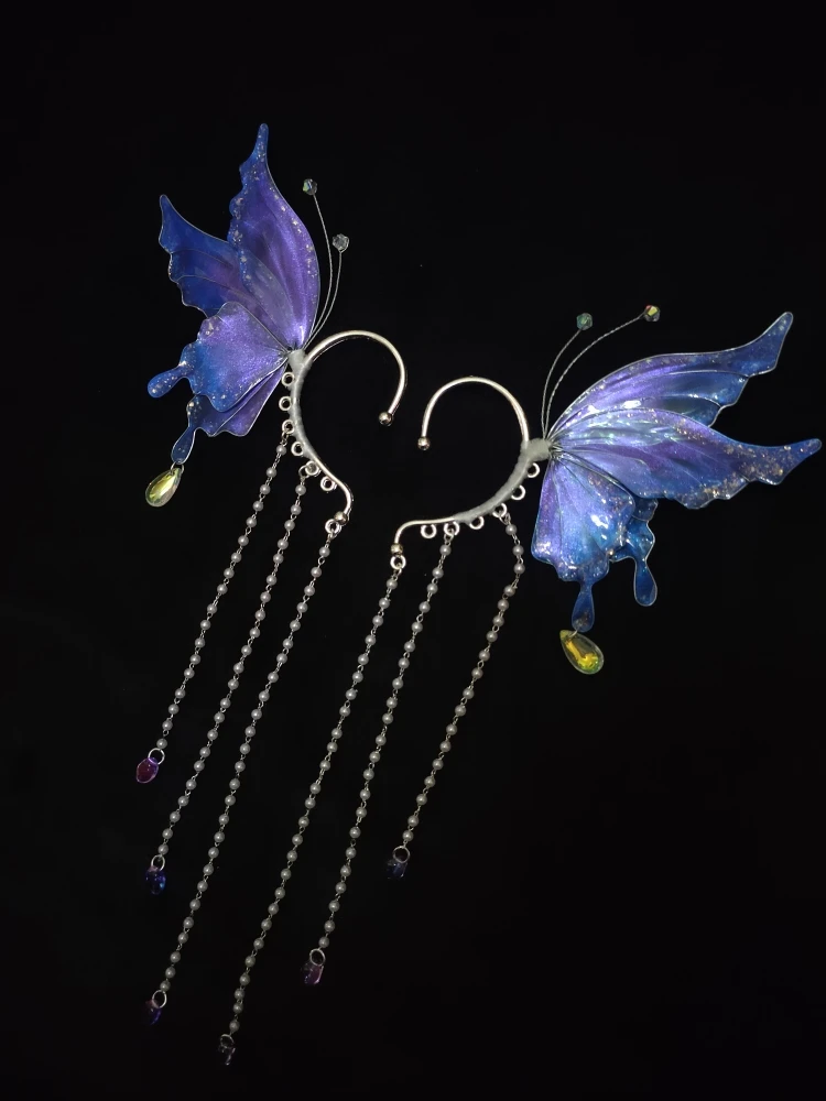 Copricapo Farfalla Sfumata Perla Orecchini con nappa in vetro Orecchini da elfo Appesi Fata Cosplay Prop Accessori per costumi Un paio