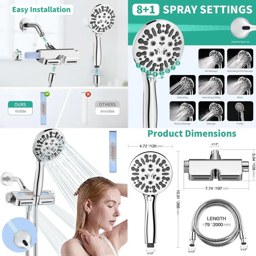 

High-Pressure Dual Shower Heads with Handheld and 9 Modes, Filtered Shower System to Reduce Chlorine and Fluoride (Chrome)