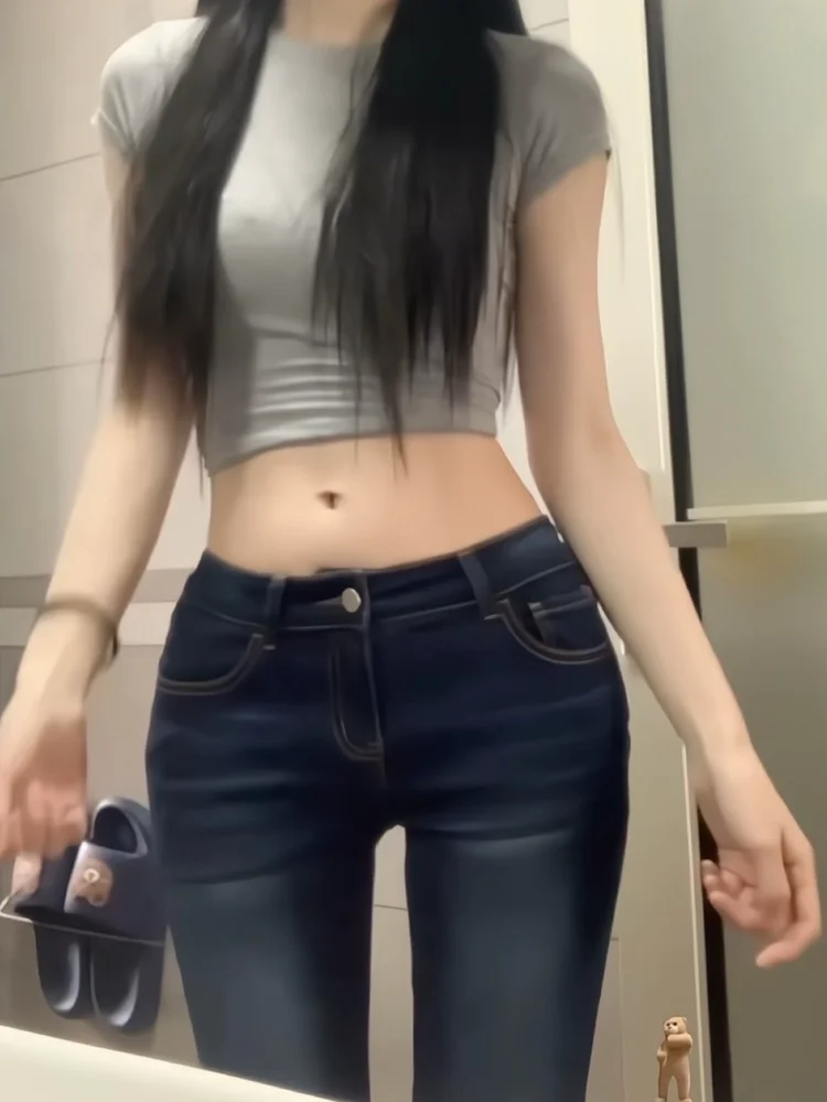 

Темно-синие женские джинсы с низкой посадкой, эластичные, с эффектом подтяжки ягодиц, утягивающие, микро-клеш, длинные брюки Cleanfit Sle