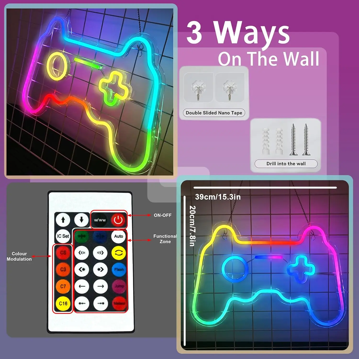 Gamepad letrero de neón de colores mezclados para decoración de pared, luces LED de colores, lámpara de neón alimentada por USB con interruptor de