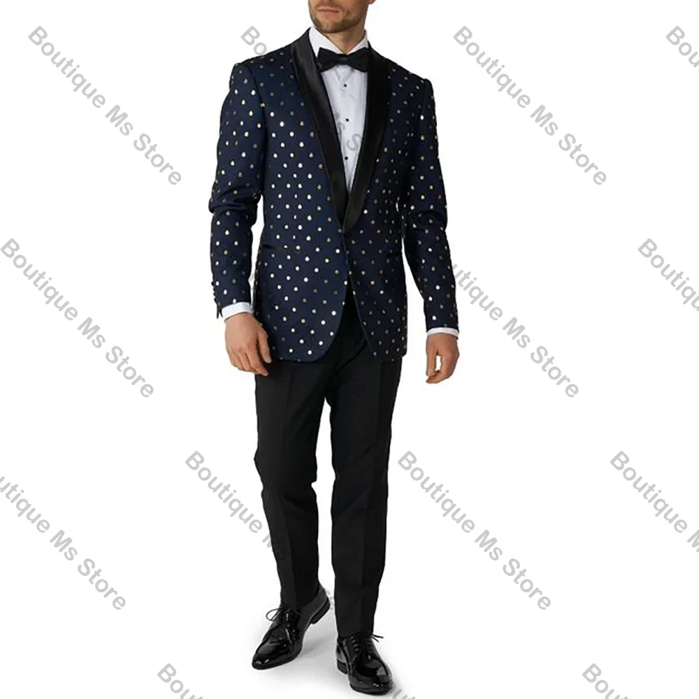세련된 뜨거운 판매 싱글 브레스트 남성 정장 골드 도트 두 조각 (자켓 + 바지) 의상 캐주얼 파티 댄스 파티 웨딩 세트