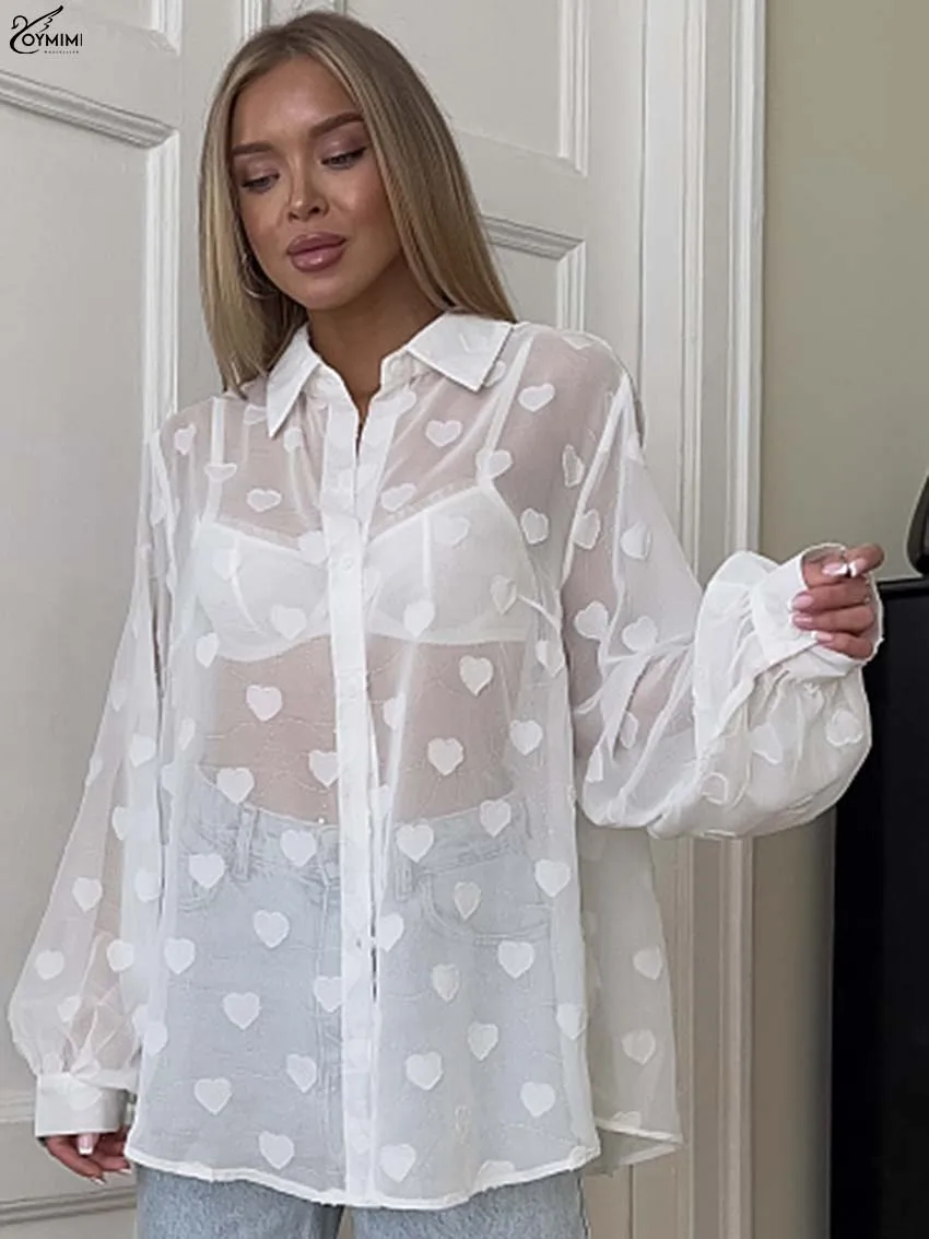 Oymimi Fashion White Print Woman Blouses Elegant Translucent Turn-Down Collar Blouses Casual Long Sleeve Single Breasted Shirts