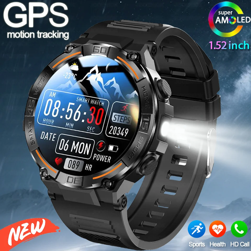 

2025 Новые военные уличные умные часы с GPS 1,52 дюйма, ультра HD-дисплей, Bluetooth-вызов, пульс, IP69K, водонепроницаемые умные часы с искусственным интеллектом для мужчин