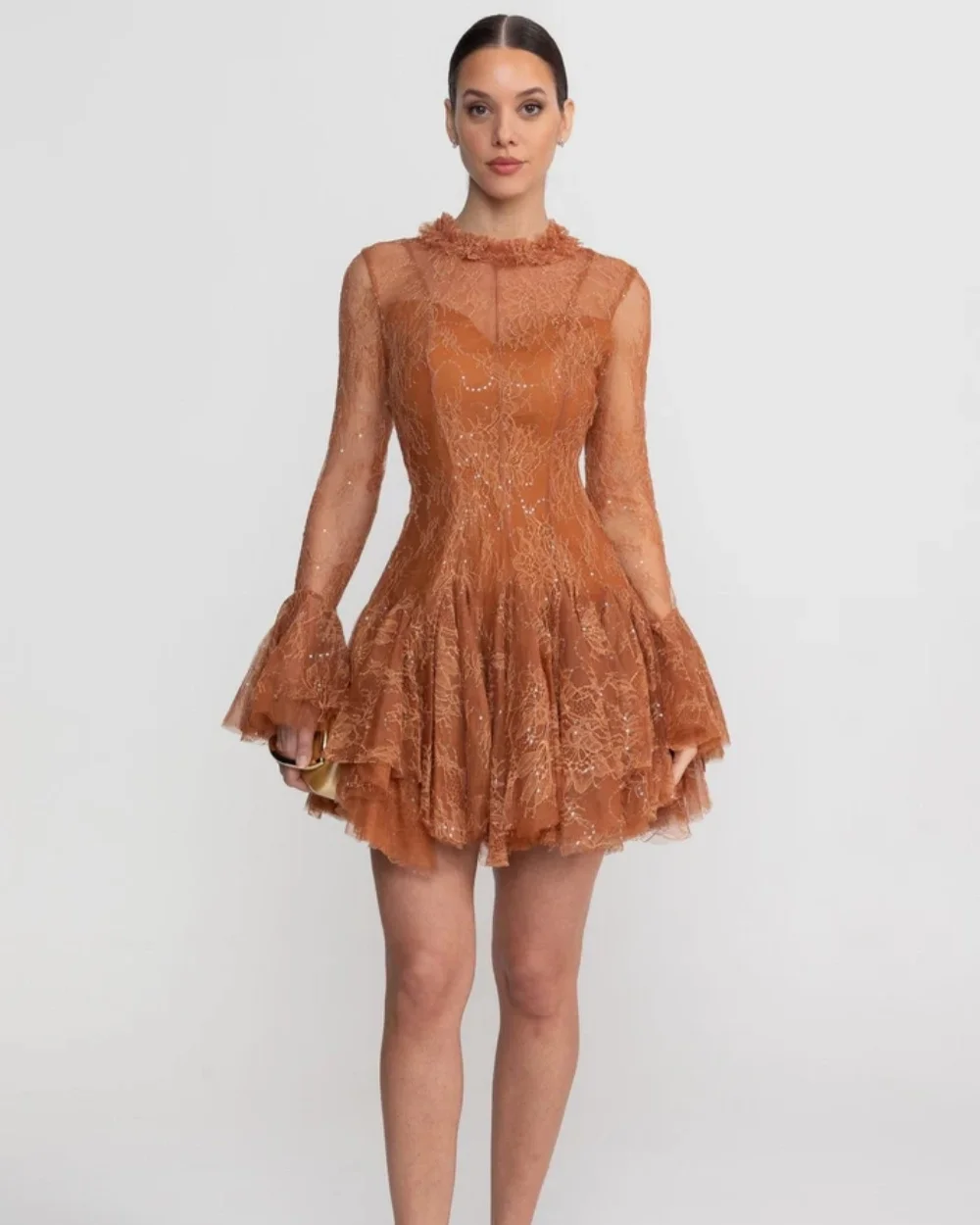 

Customized Modern Style Women Lace Sequined Ruched A-Line Evening Dresses Fashion High Collar Long Sleeves Knee Length Dresses