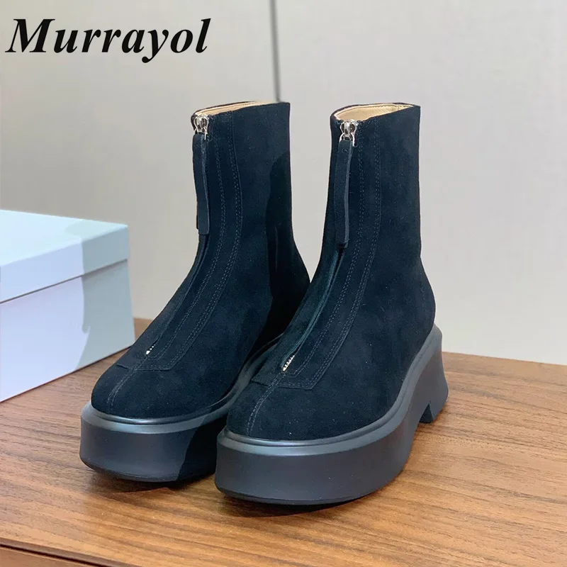 

New Women Cow Suede Thick Bottom Ankle Botas Round Toe Front Zipper Design Short Boots Autumn Winter Versatile Riding Boots