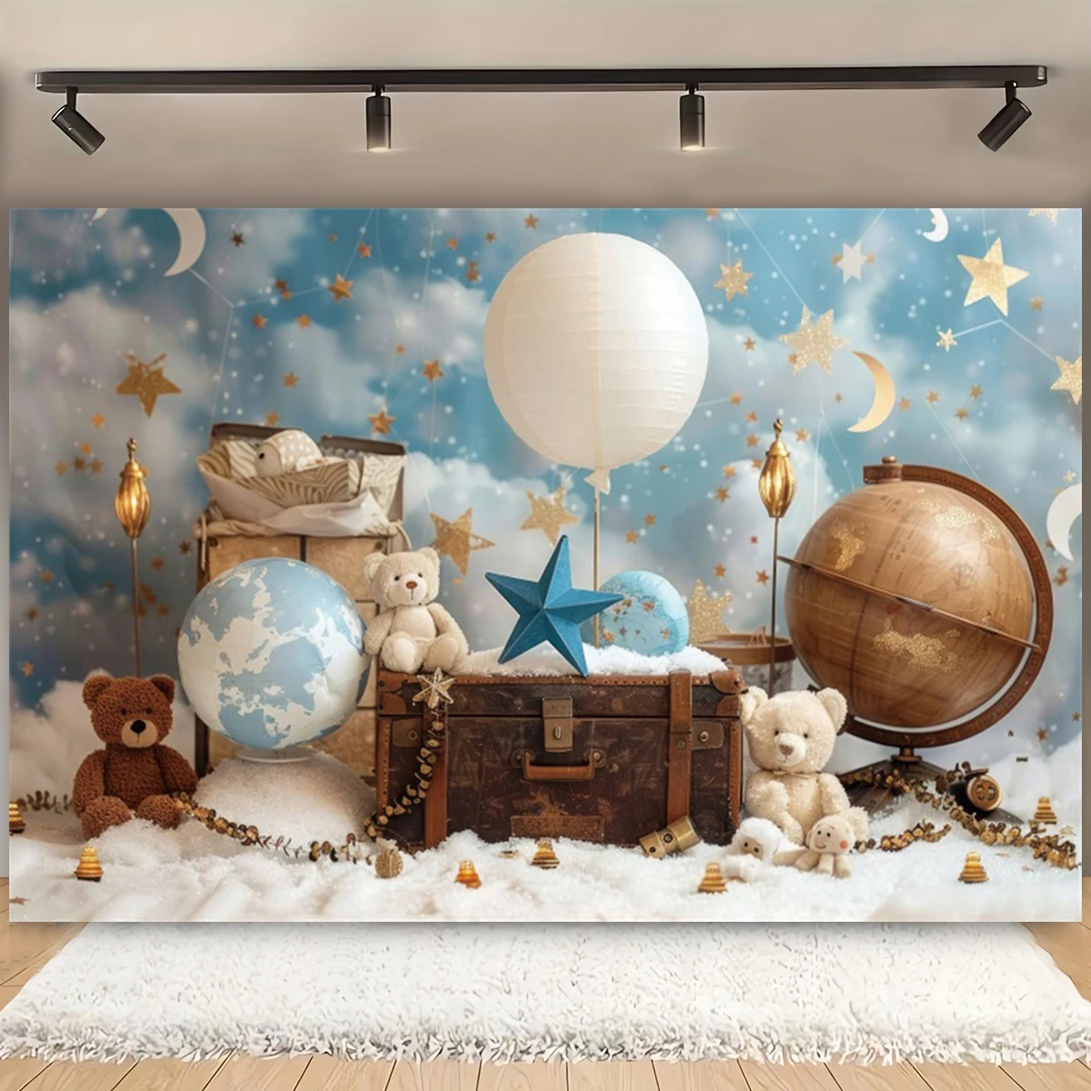 استحمام الطفل تيدي بير منطاد الهواء الساخن خلفية عيد الميلاد الأول بنين بنات 1st حفلة عيد ميلاد ديكور خلفية كابينة تصوير الدعائم