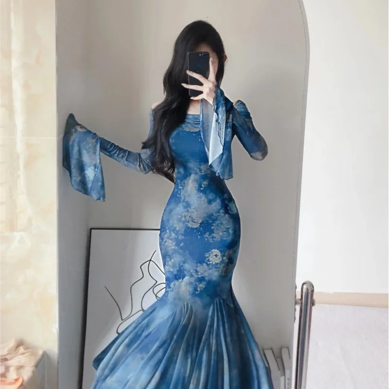 

New Chinese one-line shoulder hip fishtail skirt dress