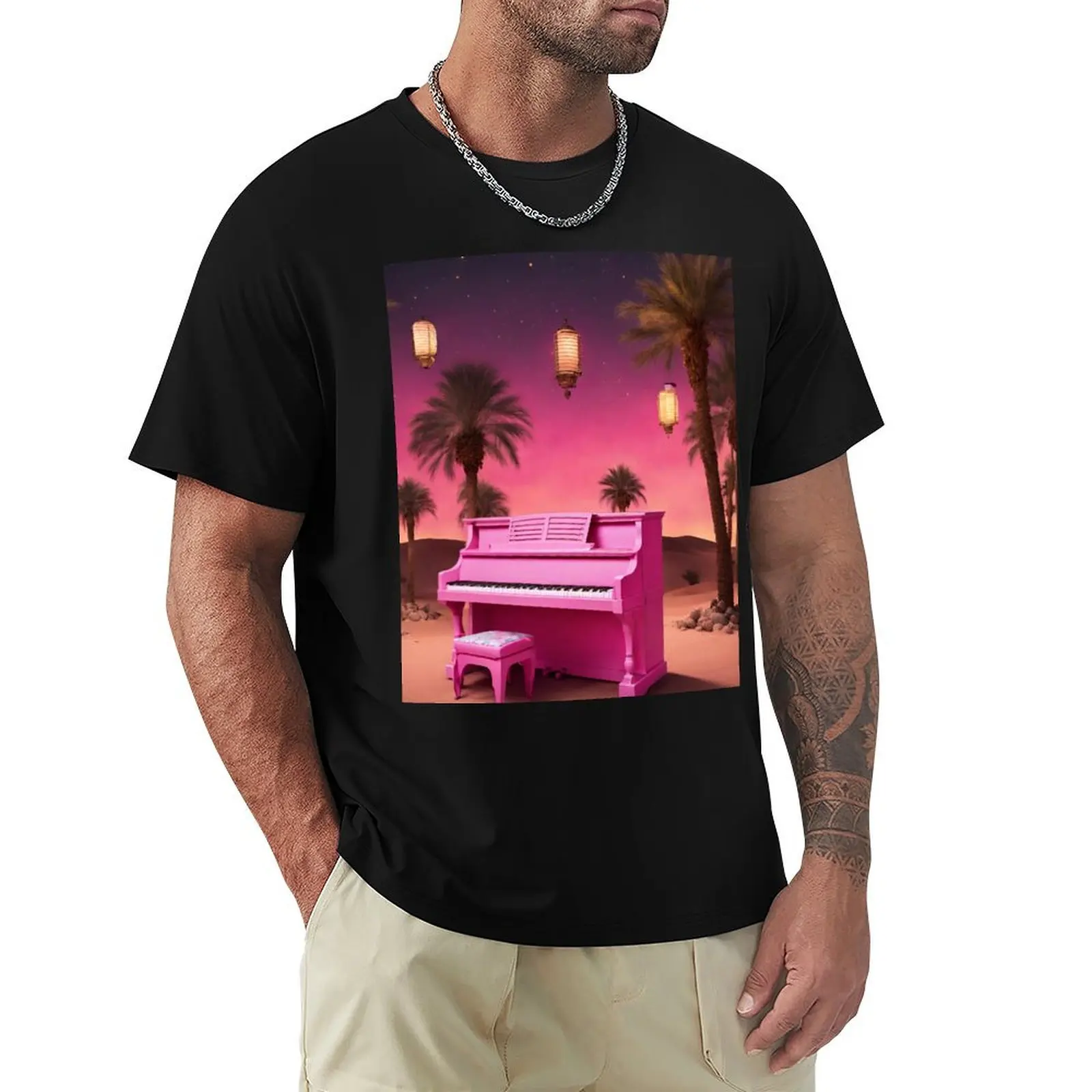 Piano in the Egyptian desert with Pyramids, jungles, lanterns, ancient Rome T-Shirt Minimalist Plain Crew Neck T-Shirt