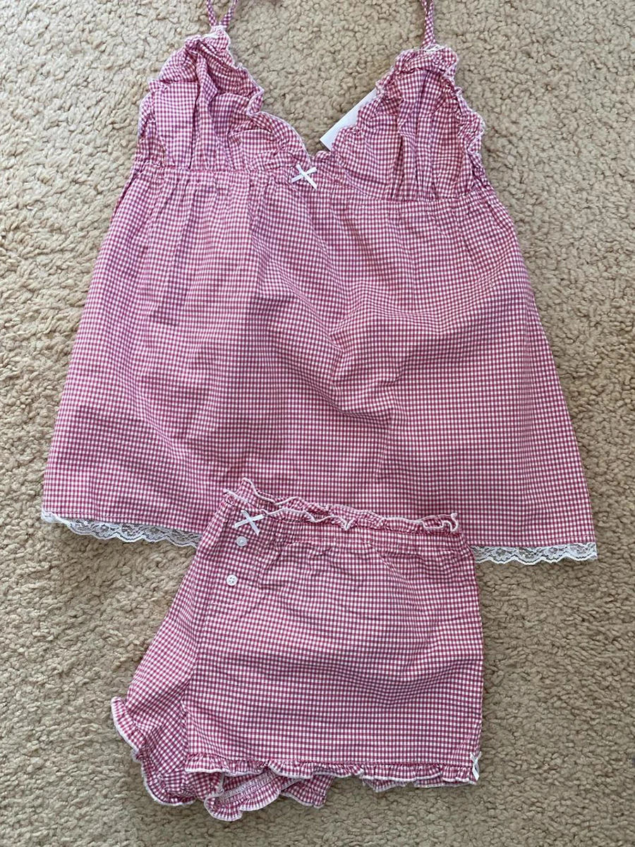 Pink Plaid Bow Tank Shorts Set Women Lace Trim V-neck Backless Camis+ruffles Short Pant Vintage Cotton Home Pajama 2 Piece Sets