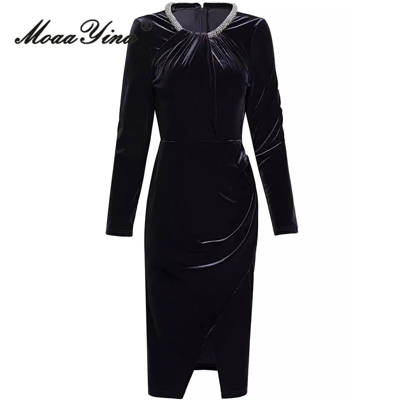 

MoaaYina Autumn Winter Women's Pencil Dress Round neck Beading Long Sleeved Pretty Slim-Fit Hip Wrap Side Split Dresses