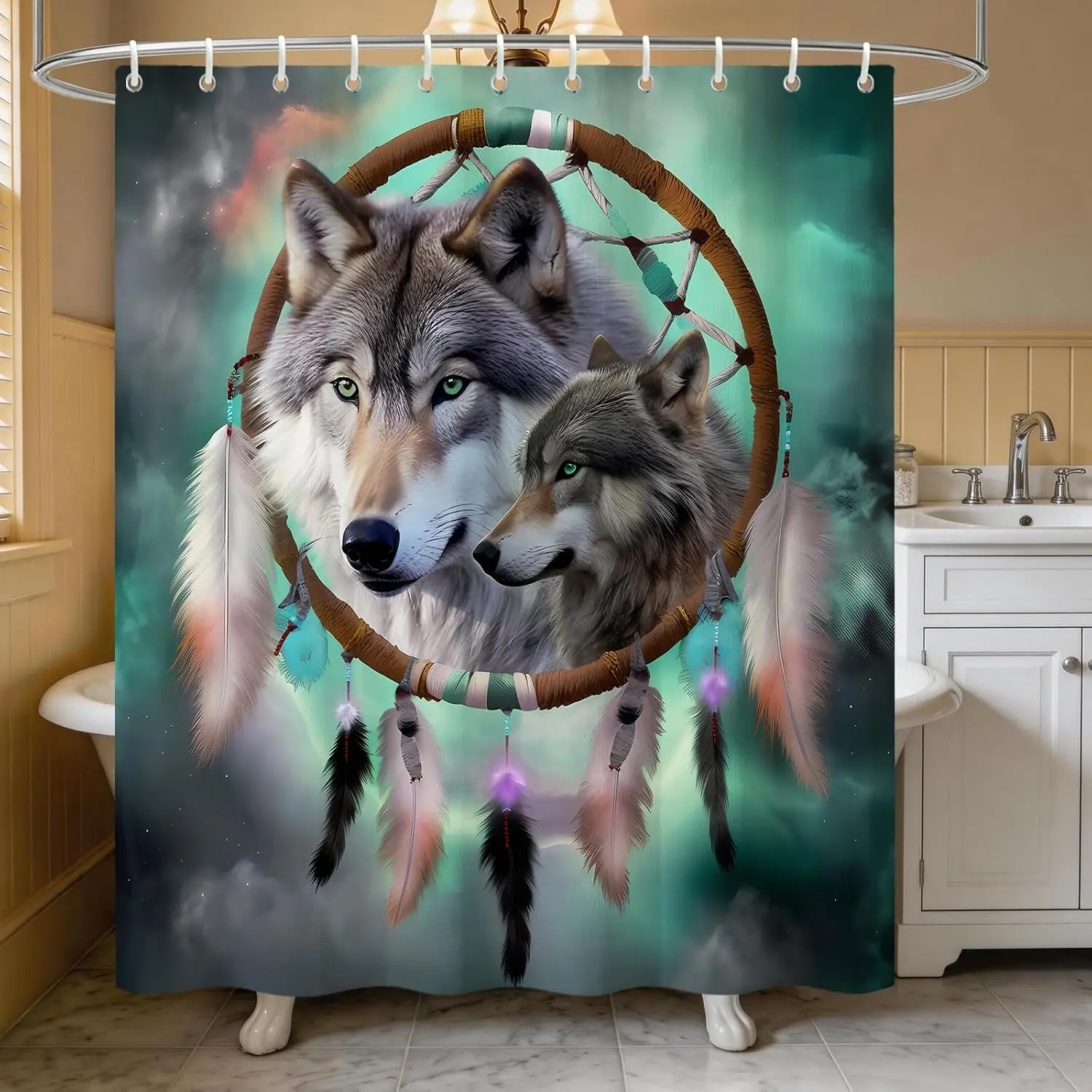 Mystic Wolf Dreamcatcher Shower Curtain, Twin Wolves Feather Dream Catcher Nebula Background Western Tribal Waterproof Partition