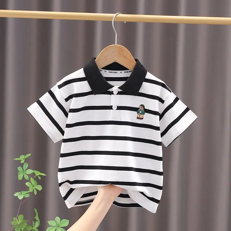 2-7 Years Boys Summer Casual Cotton Stripe Short Sleeve Embroidery Bear T-shirts Baby Kids Children Tee Two Colors