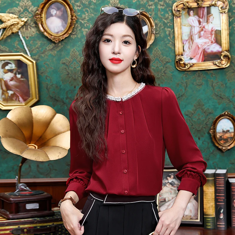 Vintage Women's Shirt Solid Casual Chiffon Shirt Fashion Loose Spring/Summer Korean Clothing Long Sleeve Lace Women Top