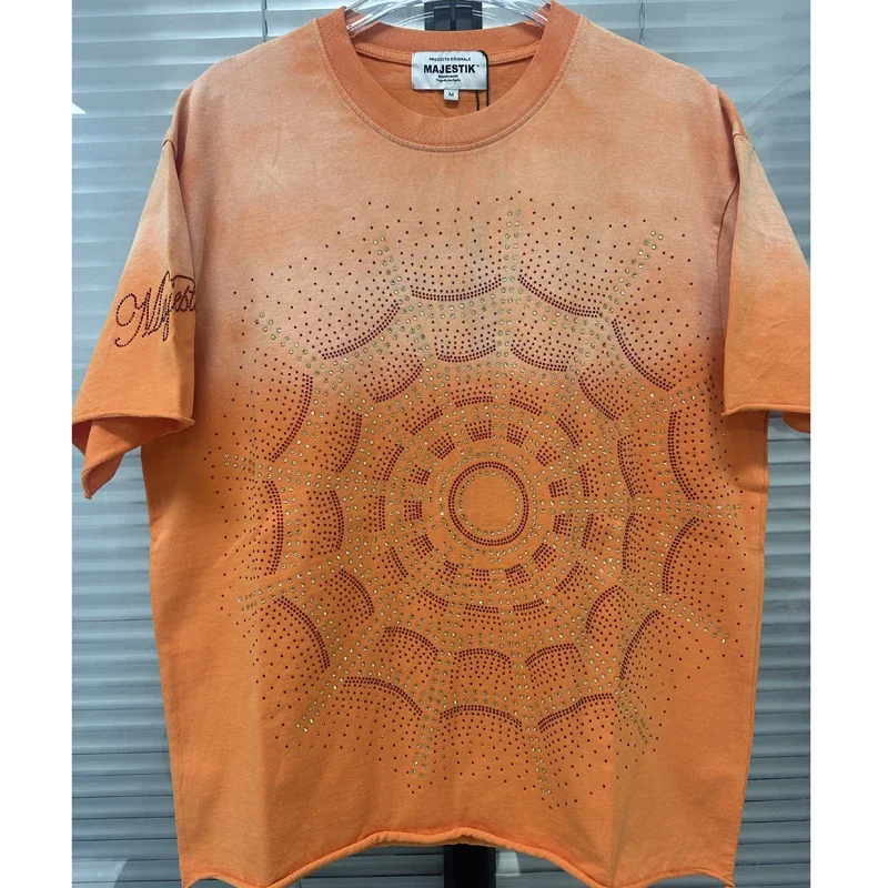 

American Style Vintage Distressed Majestik Short Sleeved Clothing Men Women Trendy Hip Hop Style Rhinestones MAJESTIK Tops