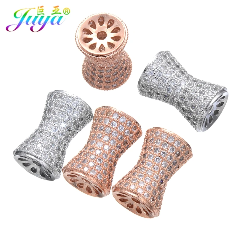 Juya Handmade Oval Beads Micro Pave Zircon Hollow Charm Spacer Beads For Women Men Beadwork Natural Stones Pearls Jewelry Making