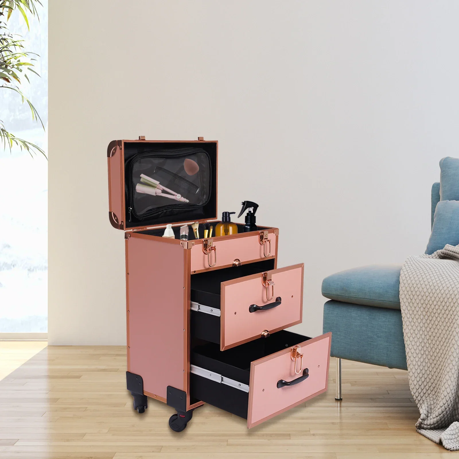 3 Layer Gold Aluminum Alloy Makeup Case with Universal Wheels Retractable Handle Fireproof Board for Cosmetic Storage Trolley