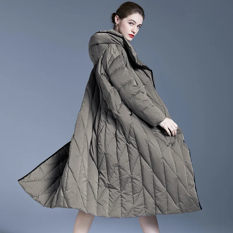 Nueva chaqueta de plumón larga de gran tamaño para mujer, chaqueta acolchada por encima de la rodilla, abrigo de invierno grueso con capucha de plumón de pato blanco, abrigos acolchados